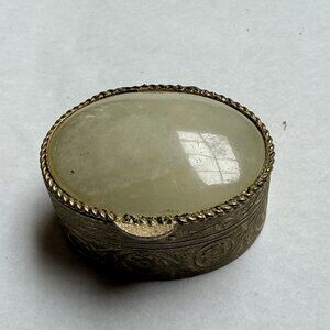 Vintage Oval Pill Trinket Box Gold Tone Green Agate Stone Lid Floral Design Gift